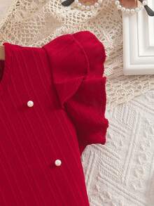 Girls' Vintage Elegant Style Round Neck Ruched Sleeve Beaded Top And Asymmetrical Hem Bowknot Beaded Skirt 2-Piece Set, Spring/Summer - Red - View 4