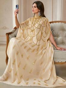 Elegant Pearl Embroidered Batwing Sleeve Long Abaya With Stand Collar - Apricot - View 9