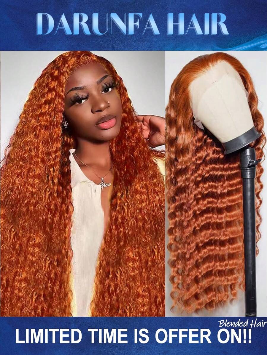 34 Inch Ginger # 350 Deep Wave 13x4 Lace Front Wigs Human Hair 200% Density Lace Frontal Wigs Blended Human Hair Pre Plucked #350 Deep Curly Wave HD Lace Front Wigs For Women - S350 - View 1
