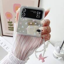 Fashionable Mirror Full Screen Bow Flower Folding Phone Case With Chain, Suitable Compatible With Samsung Galaxy Z Flip3 5G/Galaxy Z Flip 4 5G/Galaxy Z Flip 5 5G/Galaxy Z Flip 6 5G/Galaxy Z Flip 7 5G, Luxury Folding Screen Protective Case - Multicolor - View 5