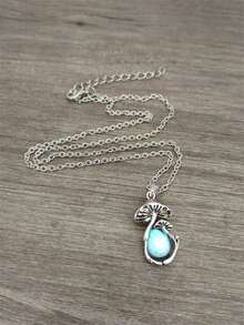 1件波西米亚风水滴形仿月光石蘑菇吊坠项链，适合女性日常、派对、旅行佩戴 - 銀色 - 查看 4