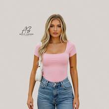 Set Of 4 Baby Look Blouses With Double Front Lining And Square Neckline. Simple. None. Vacation. Beach. - TẮT/ĐEN/XANH DƯƠNG/HỒNG - Xem 5