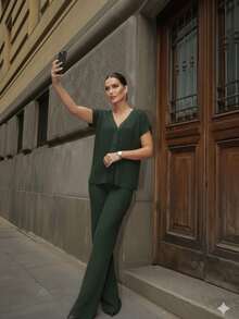 Women's Premium Knit 2-Piece Set With Front Buttons - Modern And Elegant - 綠色 - 查看 1