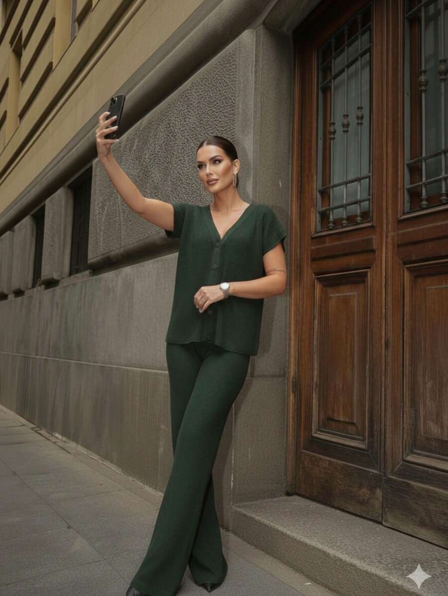 Women's Premium Knit 2-Piece Set With Front Buttons - Modern And Elegant - 綠色 - 查看 1