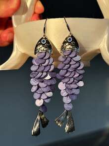 1 Pair Elegant Unique Creative Design Seashell Tassel Blue Fish Shaped Women's Earrings, Suitable For Daily, Commute, Holiday Party, Outfit Matching, Women Jewelry - Multicolor - View 5