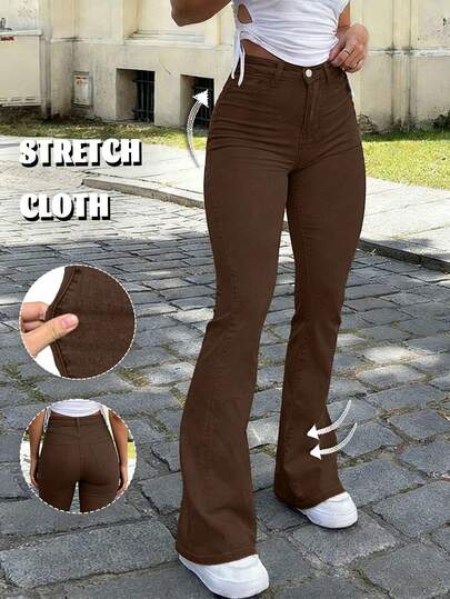 Y2K Women's Flared Dark Khaki Long Pants, Solid Color ,High Waisted, Stretch, Slim Fit, Elegant And Casual Street Style,Spring,Summer,Boho,Vacation.