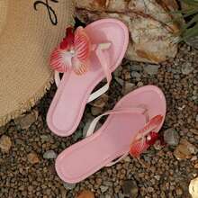 Women's Pink Flip Flops, Lightweight Slip-On With Pink Flower - Pink - View 8