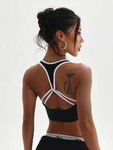 Women's Solid Color Fashion Black & White Patchwork Round Neck Removable Padded Sports Knit Bra - Black and White - View 6