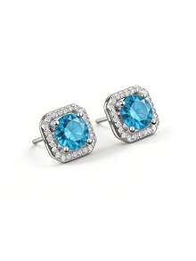 Pendientes de botón de plata esterlina S925 con moissanita cuadrada totalmente engastada, diseño elegante y minimalista, adecuado para uso diario, viajes al trabajo y fiestas de la mujer, viene con una caja de regalo delicada - Diamante azul plateado - Ver 9