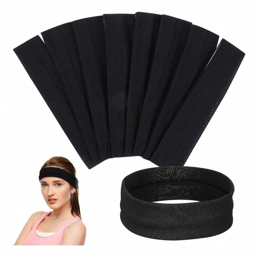 8条装女士防滑弹力柔软运动头带，吸汗头带，适合成人男女运动、旅行健身发带跑步发饰瑜伽头巾运动吸汗带 - 彩色 - 查看 1