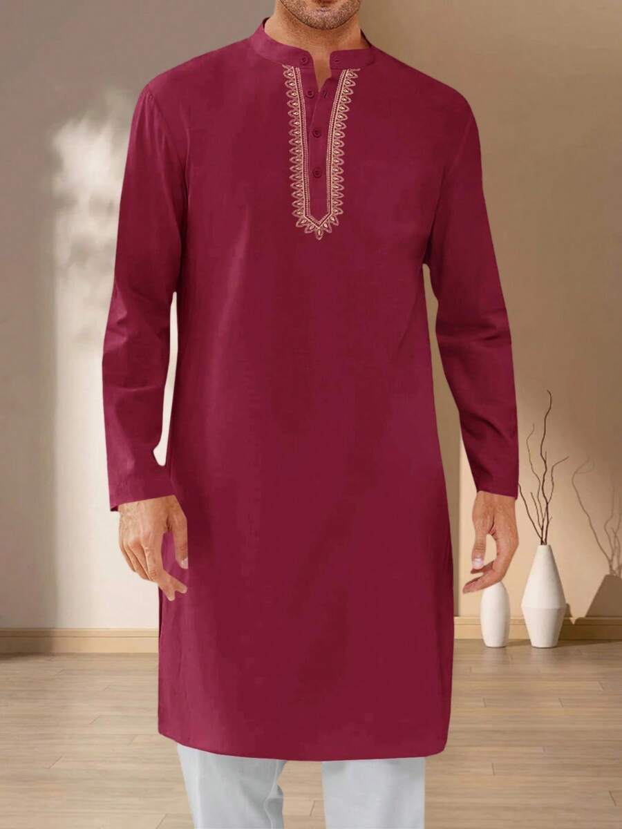 Runcati Camisa de túnica casual con botones para hombres, manga larga, estilo musulmán - Burdeos - Ver 1