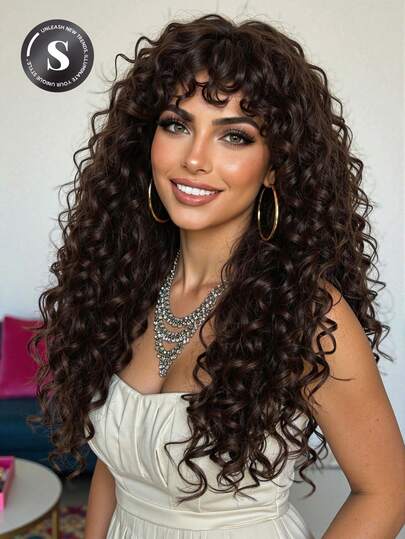 24 Inch Black Brown Jerry Curly Wig With Bangs, Elegant African Curly Synthetic Fiber Wig, Matte Finish, High Density, Suitable For All Skin Tones, Mechanical, Long Style, European & American Fashion, High Quality, Essential Beauty Item For Festivals, Suitable For All, Perfect For Music Festivals, Daily Wear, Weddings, Halloween, Christmas, Mother's Day, Graduation, Comfortable To Wear