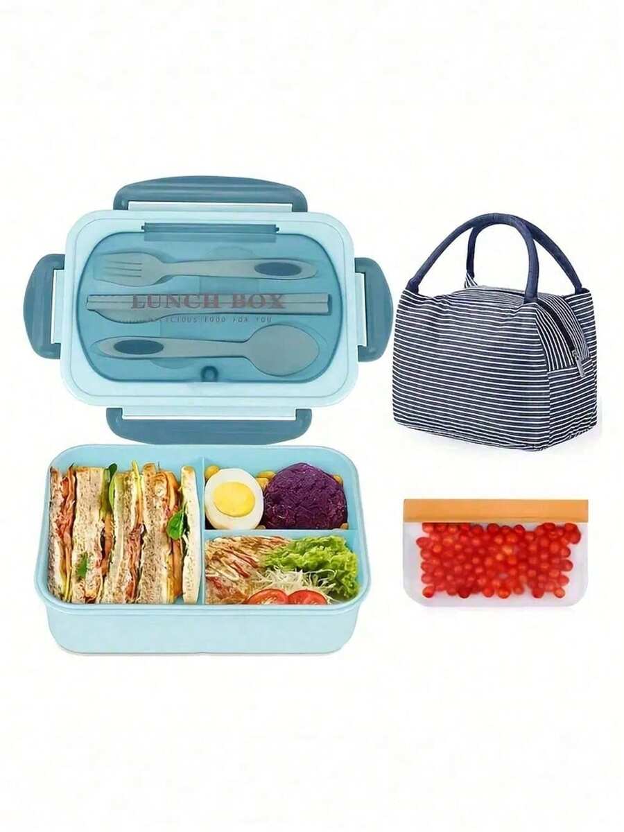A Complete Set Of Lunch Box, Including Utensils And Bag, Insulated Including Lunch Box+Cutlery+Insulated Bag+Snack Bag+Rice Spoon, 1200ml Large Capacity For Office And School Use - Màu xanh lam - Xem 1