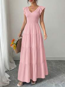 Women's Summer Flowy Long Dress Casual Covered Sleeve V-Neck Pleated Beach Sundress - 粉色 - 查看 1