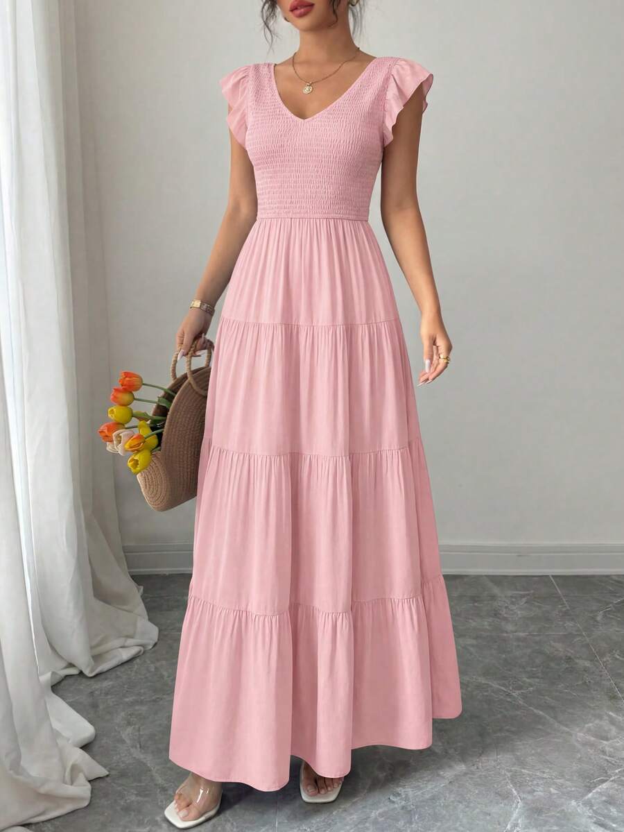 Women's Summer Flowy Long Dress Casual Covered Sleeve V-Neck Pleated Beach Sundress - 粉色 - 查看 1