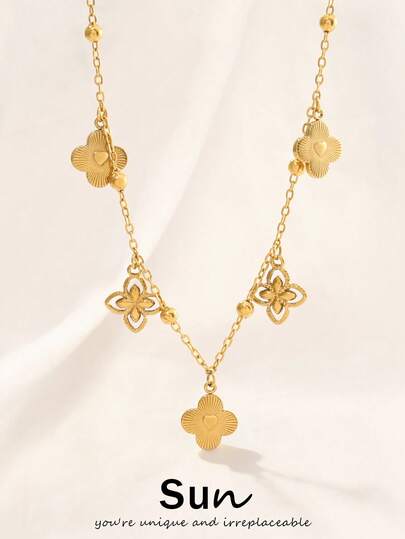 1pc Stainless Steel Four Leaf Clover Pendant Necklace For Women Fashion Design Gold Color Charms Chain Necklaces Jewelry