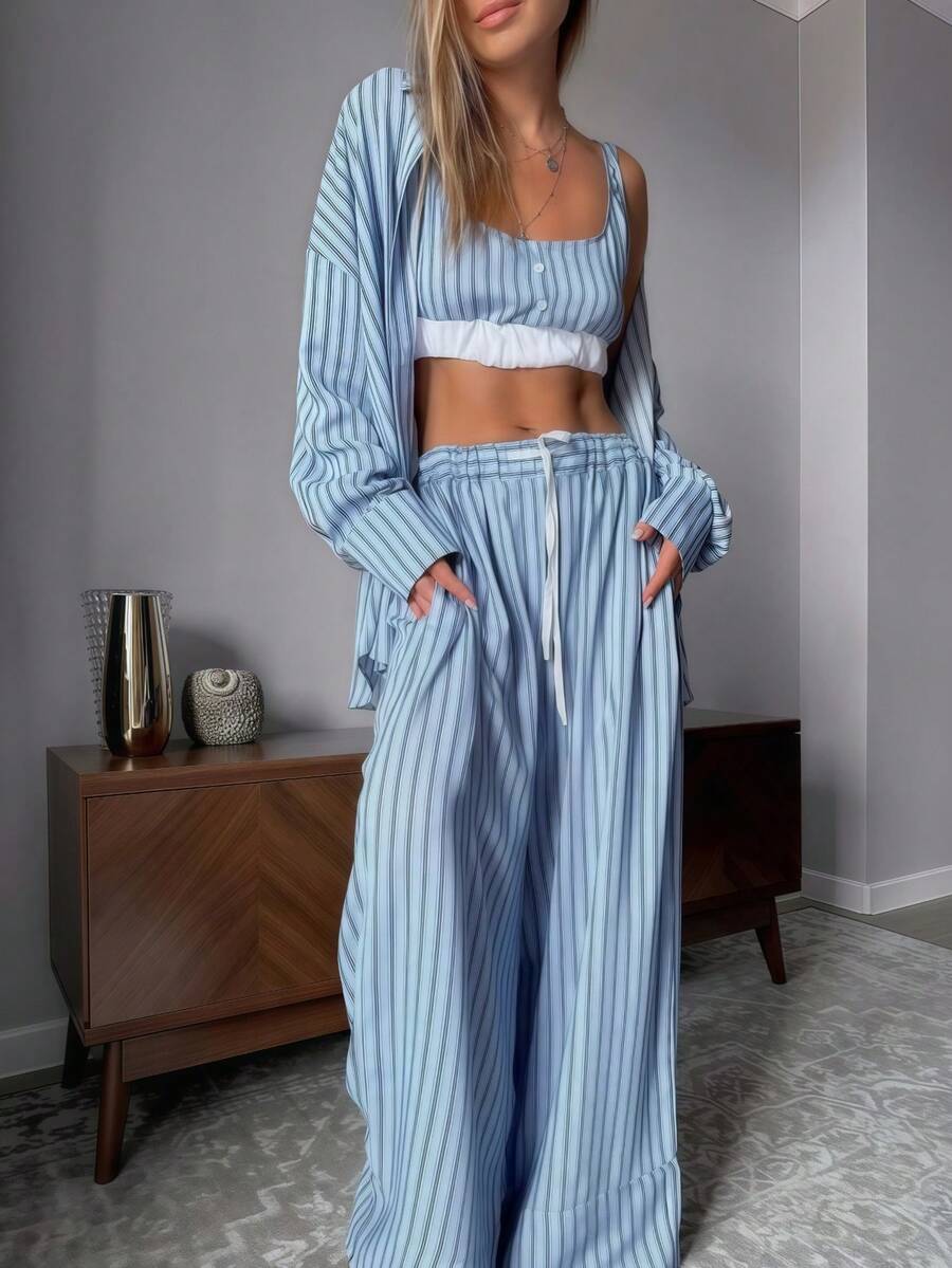 3 piezas Conjunto de pijama de mujer con estampado de rayas, incluye camiseta de tirantes, top de manga larga y pantalón largo, para primavera/otoño - Azul - Ver 1