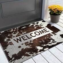 Western Cowboy Cow Texture "Welcome" Font Floor Mat Welcome Door Mat Featuring Suitable All Seasons  Suitable Kitchens  Bathrooms Laundry Rooms  Corridors Balconies Outdoor Indoor Balcony Doors Entrance Floor Mats Halloween Christmas Graduation - Multicolor - View 2