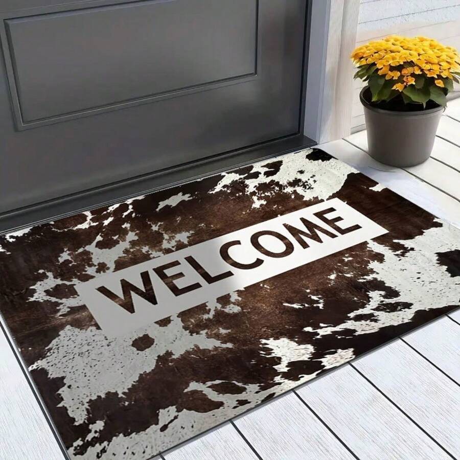 Western Cowboy Cow Texture "Welcome" Font Floor Mat Welcome Door Mat Featuring Suitable All Seasons  Suitable Kitchens  Bathrooms Laundry Rooms  Corridors Balconies Outdoor Indoor Balcony Doors Entrance Floor Mats Halloween Christmas Graduation