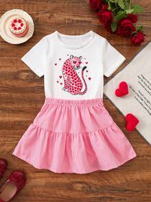 Bộ 2 món cho bé gái, áo thun in hình trái tim và da báo cùng chân váy kẻ sọc, trang phục mùa hè ngọt ngào. - trắng - Xem 3