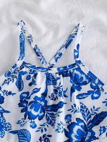 Set de 2 bucăți de vară, top camisol cu imprimeu floral retro vintage și decor cu ciucuri + set de pantaloni scurți casual cu imprimeu floral retro vintage, pentru fete tinere - Albastru regal - Vizualizare 9