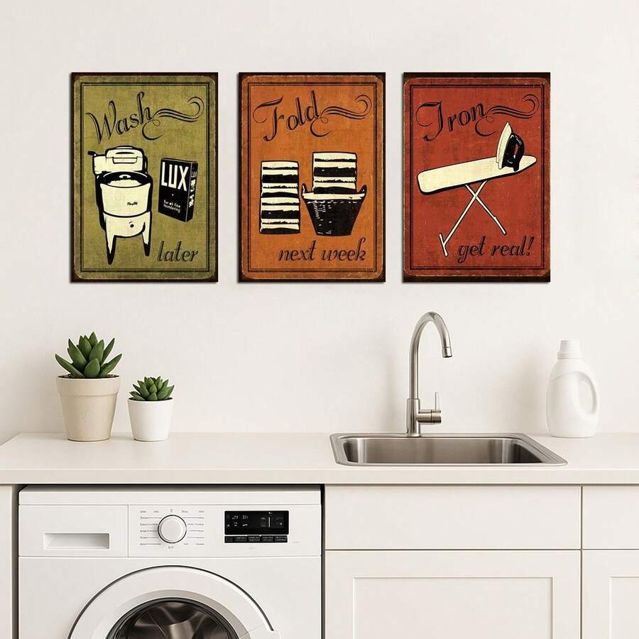 Quadros decoração lavanderia area serviço - lavar passa dobrar - quadrinhos divertidos para decorar - wash dry fold - imagens retrô vintage - kit 3 placas MDF 20x30cm - Caqui - Visão 1