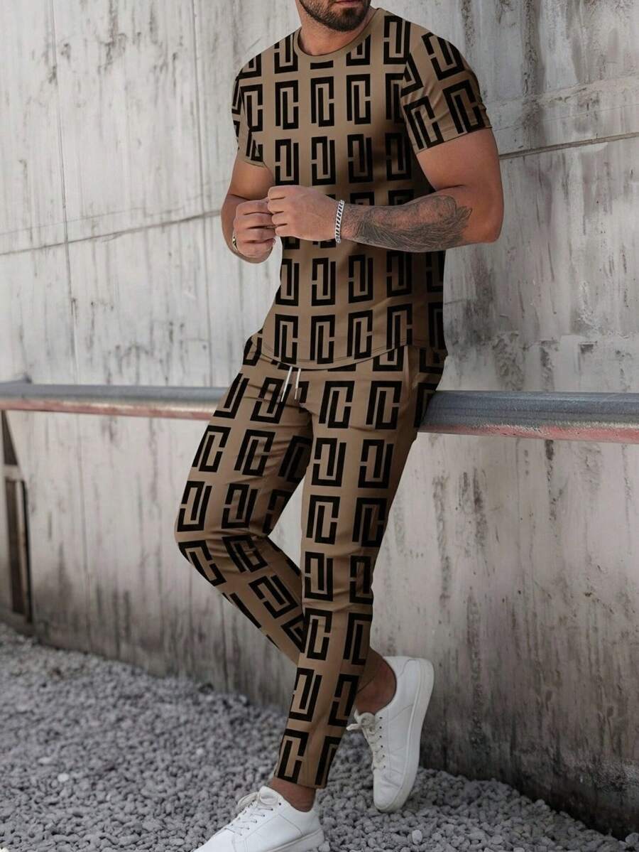Men's Printed Round Neck Short Sleeve T-Shirt And Pants Set, All Season - Multicolor - View 1