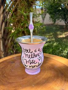 [SPECIAL MOTHER'S DAY] Chimarrão Kit: Fabric-Covered Gourd With Printed Stainless Steel Rim + Stainless Steel Stone Handle In Various Colors - Purple + Lilac Stone - View 1