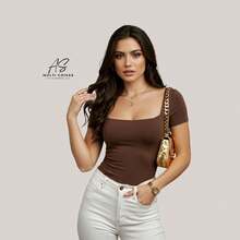 Set Of 4 Baby Look Blouses With Double Front Lining And Square Neckline. Simple. None. Vacation. Beach. - ĐEN/NÂU/TRẮNG NGÀ/ĐỎ - Xem 2