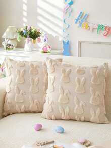 复活节兔子毛绒抱枕套，兔子装饰抱枕套。适用于装饰客厅、沙发、卧室等场所。也适合日常使用、派对、节日和聚会。 - 米色 - 查看 2
