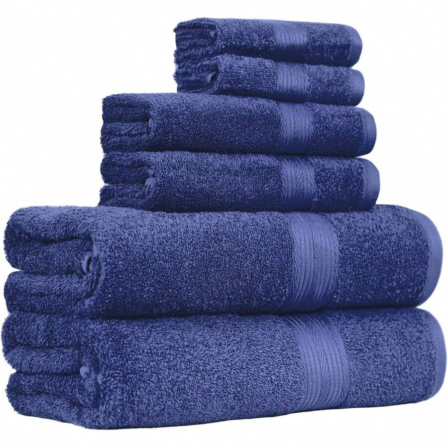 Basics 6 Piece Oversized Fade resistant Towel set, 100% Cotton towels for bathroom, soft and absorbent, 2 Bath Towels, 2 Hand Towels and 2 Washcloths bathroom towel set, Navy Blue - Neblina azul - Ver 1