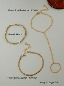 Set de 3 piezas de pulsera de cadena de dedo minimalista, cadena plana de serpiente y cuentas de CCB, adecuado para mujeres para uso diario, citas, fiestas, festivales de música y apilar - Amarillo Oro - Ver 6