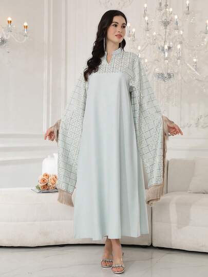 2026 New Style Ramadan Traditional Elegant Embroidered Arabic Women's Dress With Tassel Cuffs, Small Stand Collar And V-Neck, Fashion Luxury Creative