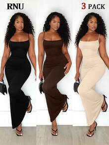 RNU 三件套黑色、咖啡棕、杏色休闲吊带修身中长连衣裙，适合春夏秋季穿着，也可作为女士夏季连衣裙、优雅连衣裙、婚礼宾客礼服、情人节、狂欢节、新年、度假、外出或优雅旅行休闲装。针织弹力面料，修身圆领吊带中长连衣裙，鱼尾下摆长款连衣裙。 - 彩色 - 查看 2