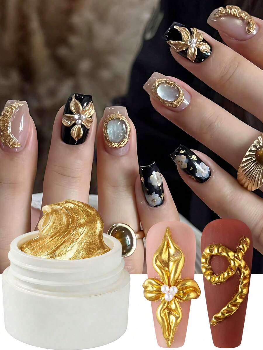 FULL BEAUTY 5克金色3D立体造型雕塑不粘手部延长美甲凝胶金属镜面效果设计春夏花朵造型美甲用品美甲饰品