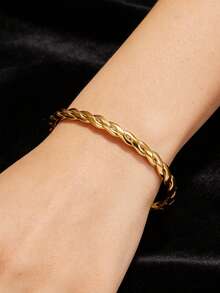 Brazalete ajustable de acero inoxidable chapado en oro de 18K con diseño retorcido, elegante acabado dorado, joyería perfecta para regalo, uso diario para mujeres y señoras - pulsera abierta - Ver 1