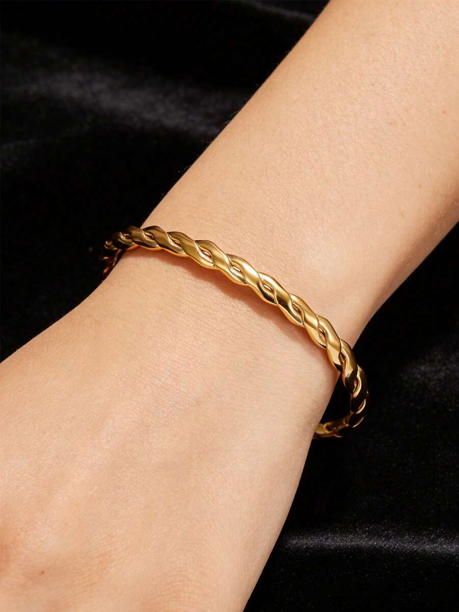 Brazalete ajustable de acero inoxidable chapado en oro de 18K con diseño retorcido, elegante acabado dorado, joyería perfecta para regalo, uso diario para mujeres y señoras - pulsera abierta - Ver 1