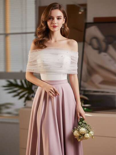 一件式新娘无肩带婚纱，配珍珠披肩和装饰性单肩披肩，适合露肩派对和活动，前后双面可穿。