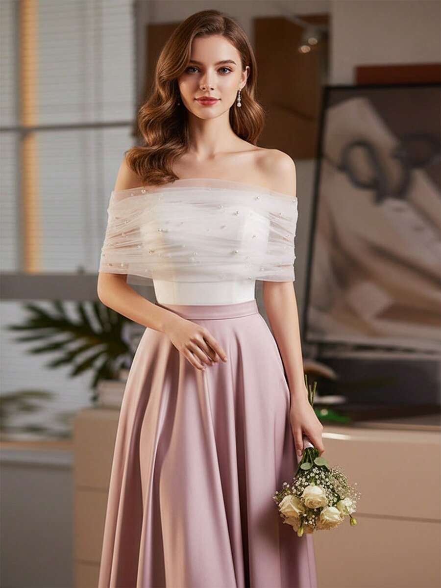 一件式新娘无肩带婚纱，配珍珠披肩和装饰性单肩披肩，适合露肩派对和活动，前后双面可穿。 - 米色 - 查看 1