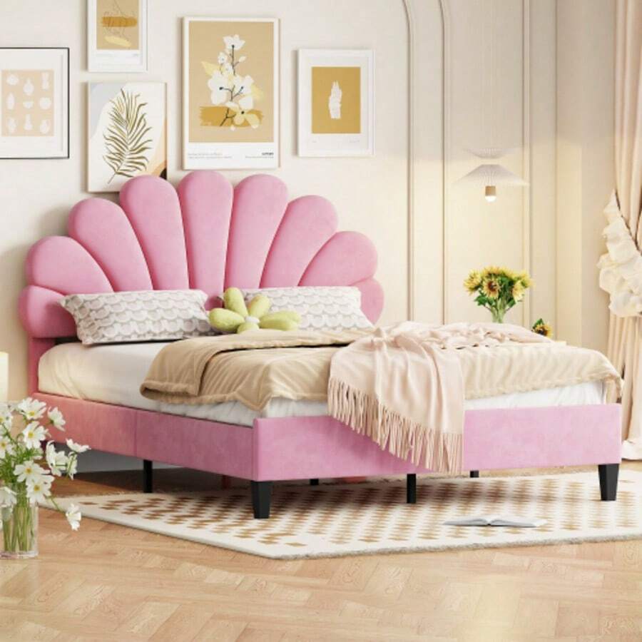 Upholstered Double Bed 140 X 200 Cm, Bed Frame With Flower-Shaped Headboard And Slatted Base, Adult/Youth Bed In Highly Comfortable Velvet Fabric, Guest Bed Pink - Pink - View 1