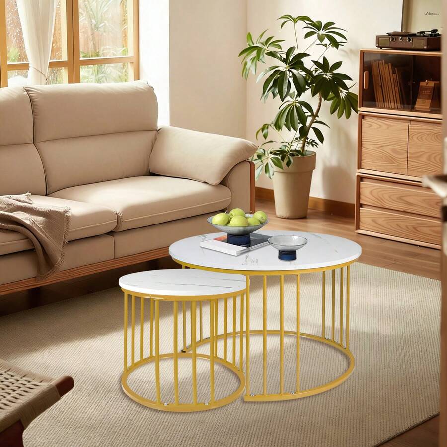 Nesting Tables - White Marble + Gold Leg - View 1
