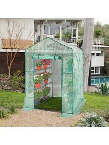 Invernadero portátil de 140 x 74 x 203 cm con estantes, cubierta de polietileno de alta resistencia, puerta enrollable con cremallera y estructura de acero. Se instala en minutos. Ideal para plantar y almacenar. - Verde - Ver 9