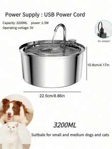 1个3.2升/108盎司/0.85加仑不锈钢大容量宠物饮水器，适用于中小型犬猫，自动饮水，USB供电（不含适配器） - 3.2L - 查看 11