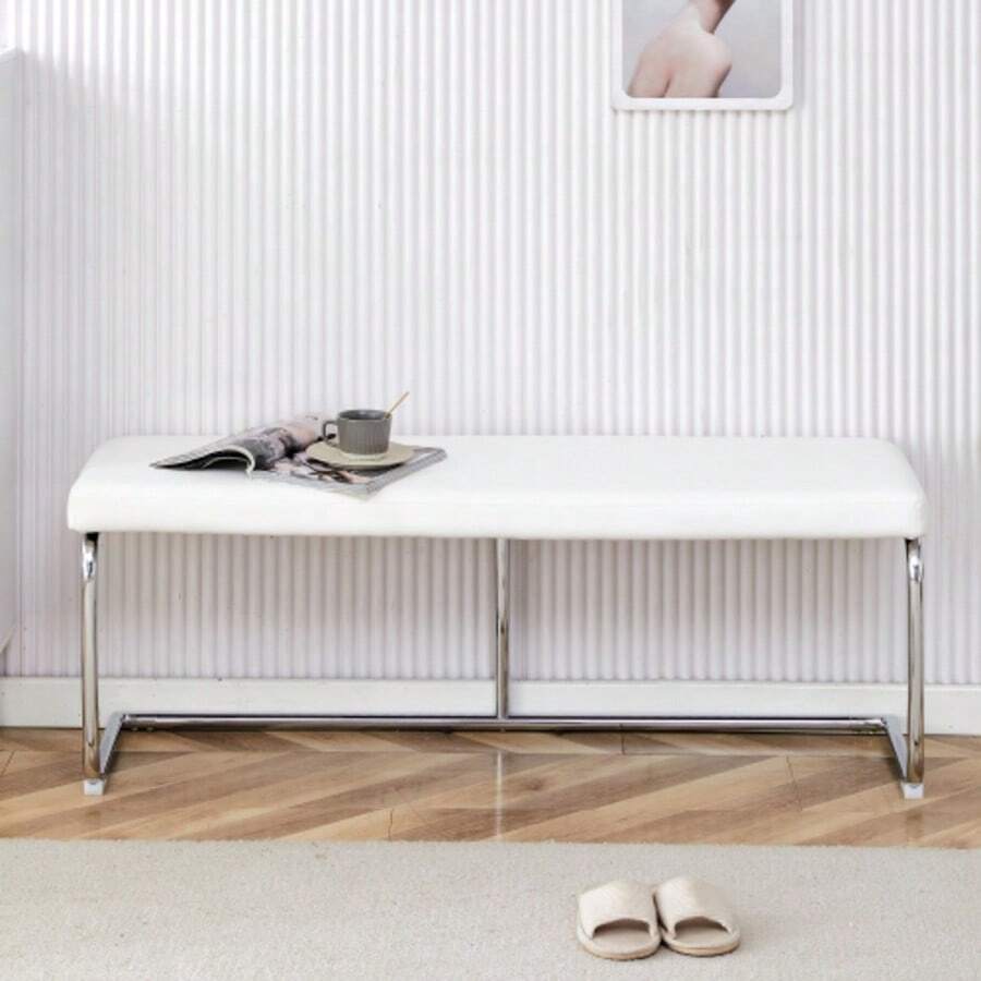 White Leather Bench With Chrome Frame – Modern 130cm Bench For Dining Room, Hallway And Living Room - White - View 1