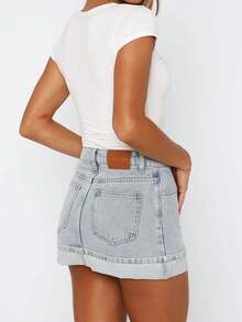 Women Mini Denim Skirt Mid Rise Folded Hem Short Bodycon Jean Skirts Stylish Summer Streetwear - Baby Blue - View 2