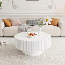 31.49" Walnut Coffee Table Round Wood, Modern Unique Fluted Tea Table, Contemporary Drum Circle Accent Center Table For Living Room, Small Space, Apartment - 白色 - 查看 8