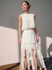 Sollinarry Women's Summer New Water-Soluble Lace Cropped Top And Tassel Skirt 2 Pieces Set, Suitable For Outings, Vacations, And Parties White - White - View 5