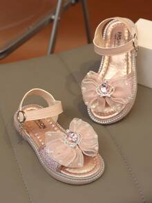 1双女童蝴蝶结亮片凉鞋，皮革镂空夏季平底水钻魔术贴凉鞋，新款露趾可爱甜美风平底鞋，儿童凉鞋，户外沙滩凉鞋，圆头休闲鞋，适合舞蹈、婚礼、派对等场合，公主鞋 - 粉色 - 查看 4