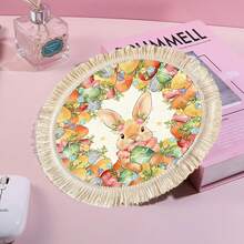 1/4/6pcs Easter Collection, Linen Printed Tasseled Placemat/Coaster With Little Rabbit Surrounded By Easter Eggs And Colorful Flowers - Multicolor - View 6