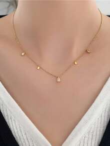 1pc Minimalist Square Stainless Steel & Cubic Zirconia Crystal Necklace, Fashion Jewelry Set, Suitable For Daily Wear, Unique Gift For Women - Yellow Gold - View 13